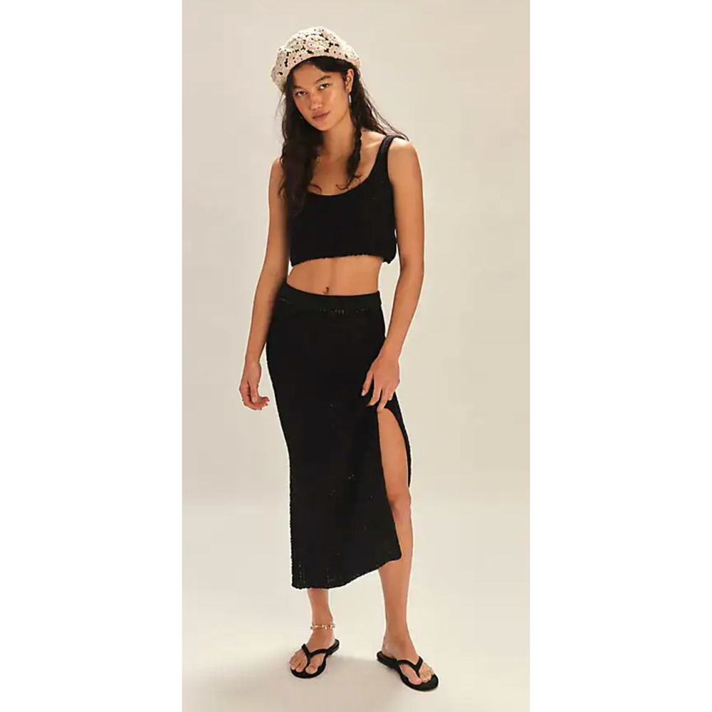 NEW FREE PEOPLE BLACK HAVANA KNIT SWEATER TANK TOP SKIRT SET SZ M